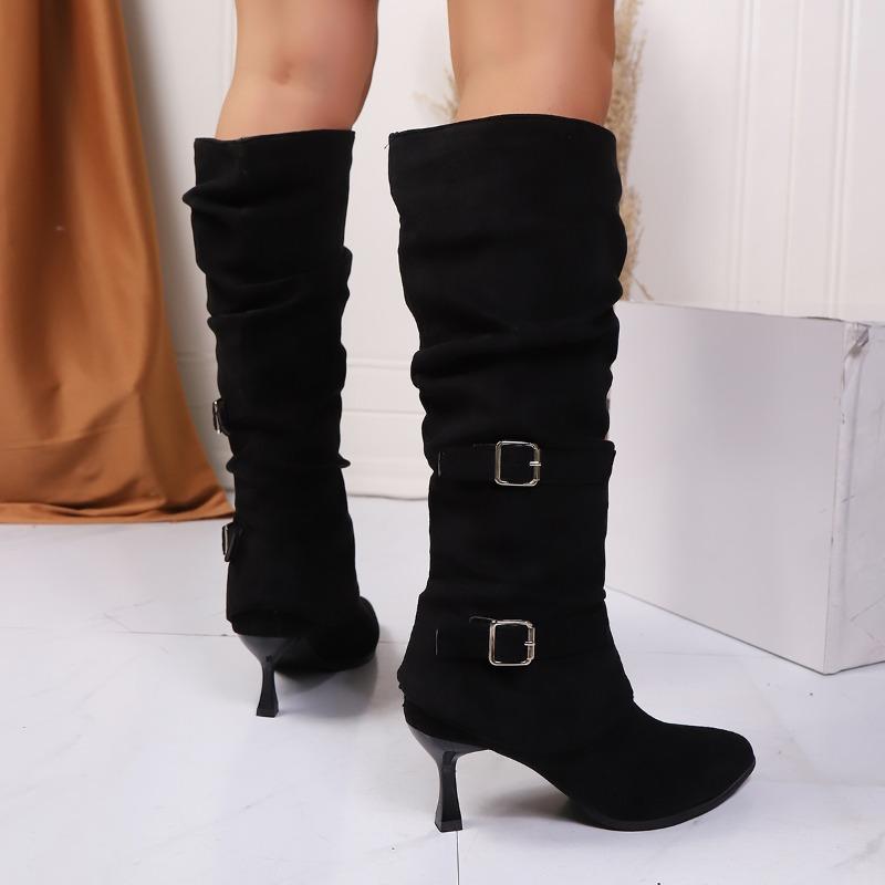 2025 Street Style Pointed Toe Knee-High Boots Women High Heels Female Retro Belt Buckle Pleated Fashion Hot Seller Long Boot