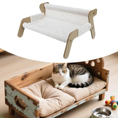 Katzensofa Bett Erhöht für Wohnungskatzen, Bequemes Ausruhen mit Abnehmbarem Bezug Holzsofa