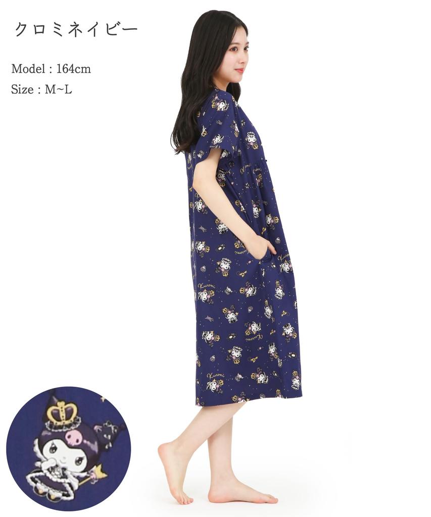 SAZAC Kuromi Cotton Dress, 100% Broadcloth, Button-Front, Women's Nightgown/Loungewear (Navy/M-L/SAN1903)