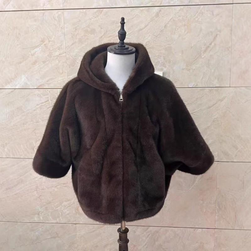 Womens Short Faux Fur Hooded Coat Solid Color Winter Batwing Sleeve V-Neck Pocket Outerwear