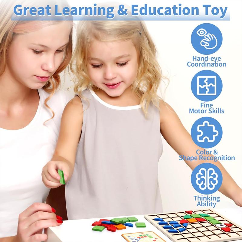 NEW Wooden Montessori PuzzleToy Mosaic Color Shapes Sensory Game Early Educational Toy Jigsaw Pattern Blocks for Toddler's Gifts