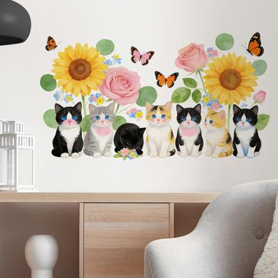 Cat Flowers Peel And Stick Wall Stickers, Removable Wall Art Decor, Watercolor Vinyl Decals for Kids Bedroom Nursery Living Room