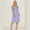 Dámské jarní letní sexy kostkované šaty s krátkým rukávem a rozparkem