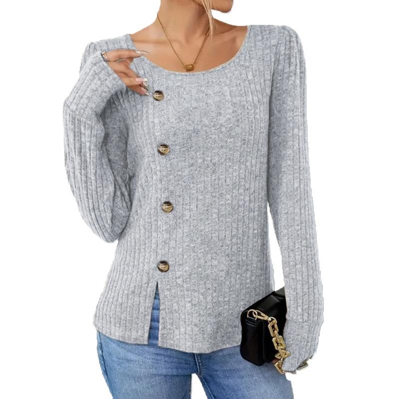 Autumn Winter Solid Color Round Neck Button Long Sleeved Loose T-shirt Top for Women Shirt