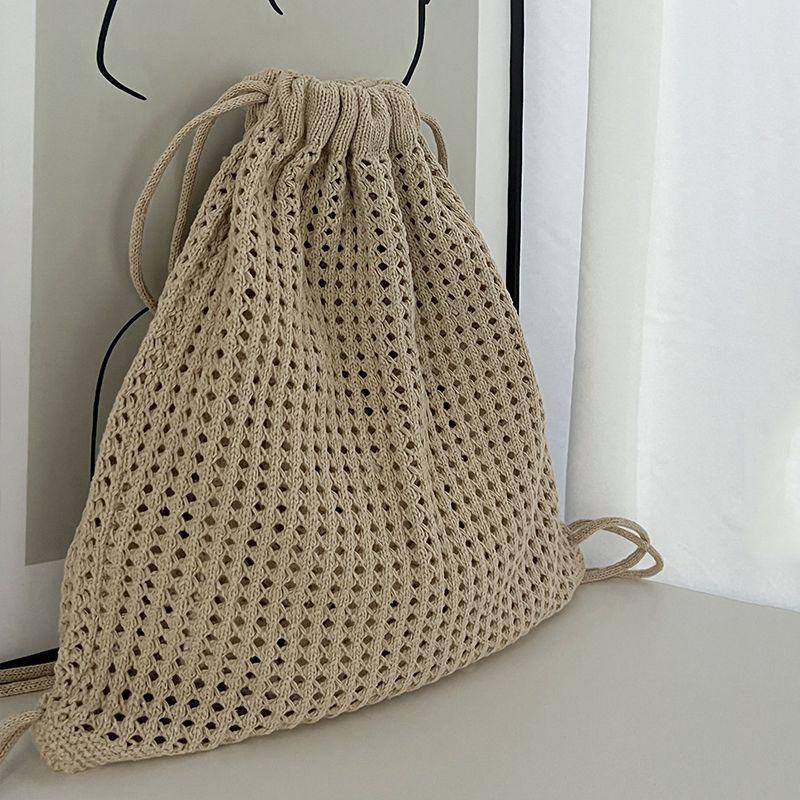 New simple woven mesh pocket drawstring backpack ins wind knitted tote bag cross-border small fresh