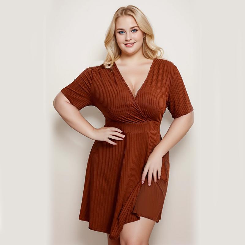 

2024 большое женское однотонное платье с глубоким V-образным вырезом на талии, повседневное трикотажное платье с короткими рукавами, элегантное и элегантное банкетное платье