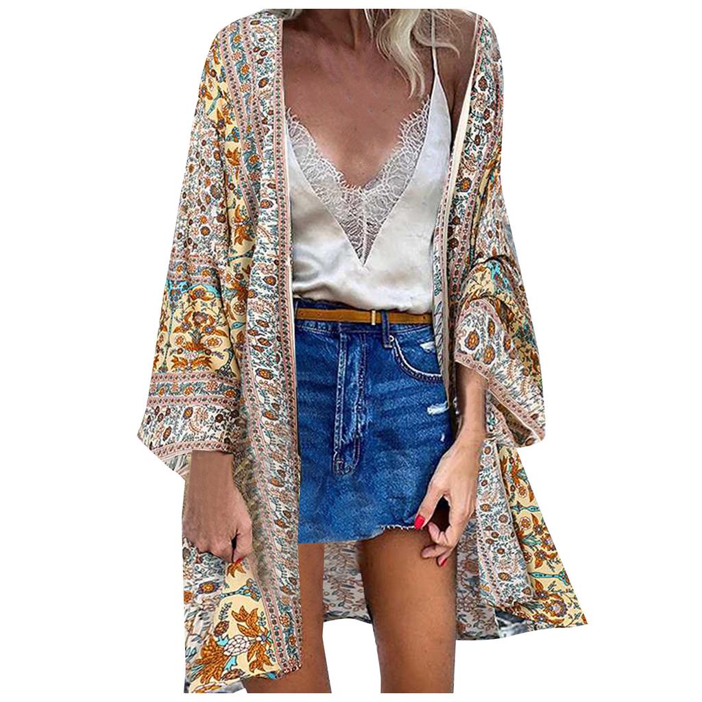 Damski letni swobodny, modny nadruk z rękawami, luźny, świąteczny, długi kardigan