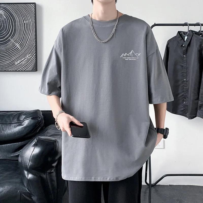 Summer Print Short Sleeve T-shirt Men's Cotton Loose Oversize Box Long Tee Sports Round Neck Top New Fashion Men Clothing