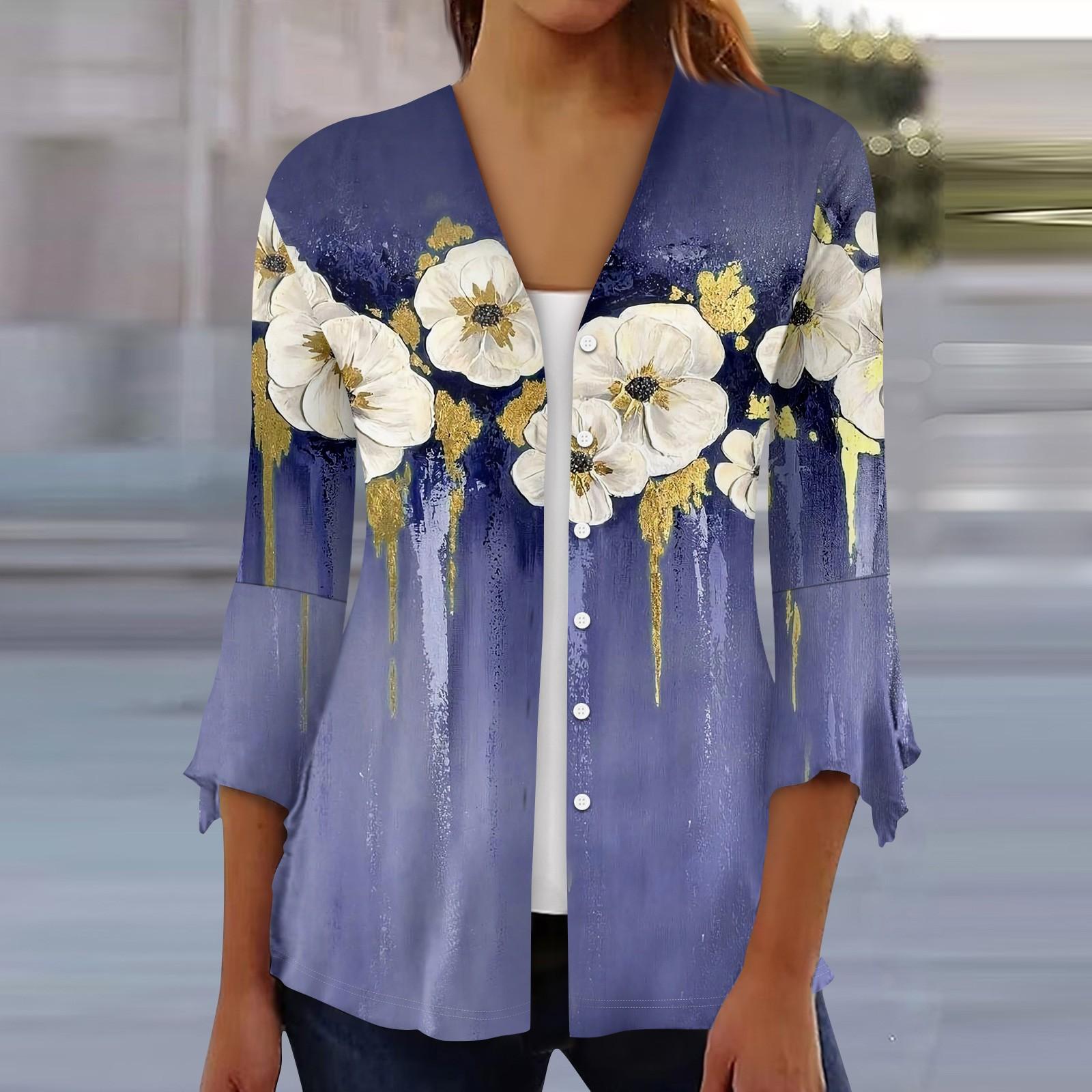 

Рубашки с рукавом 3/4 для женщин, свободная футболка с принтом, топы с v-образным вырезом и рюшами на рукавах S тёмно-синий