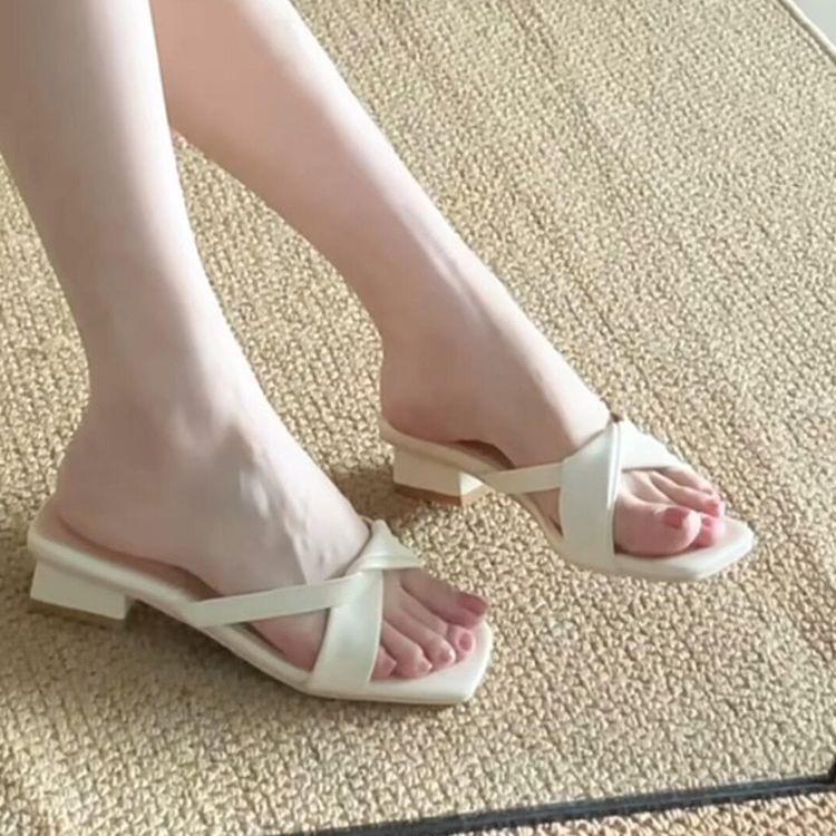 2025 New French Square Head Gentle Apricot Muller Shoes Summer Wear Thick Heel One-word Slippers Versatile Half Slippers