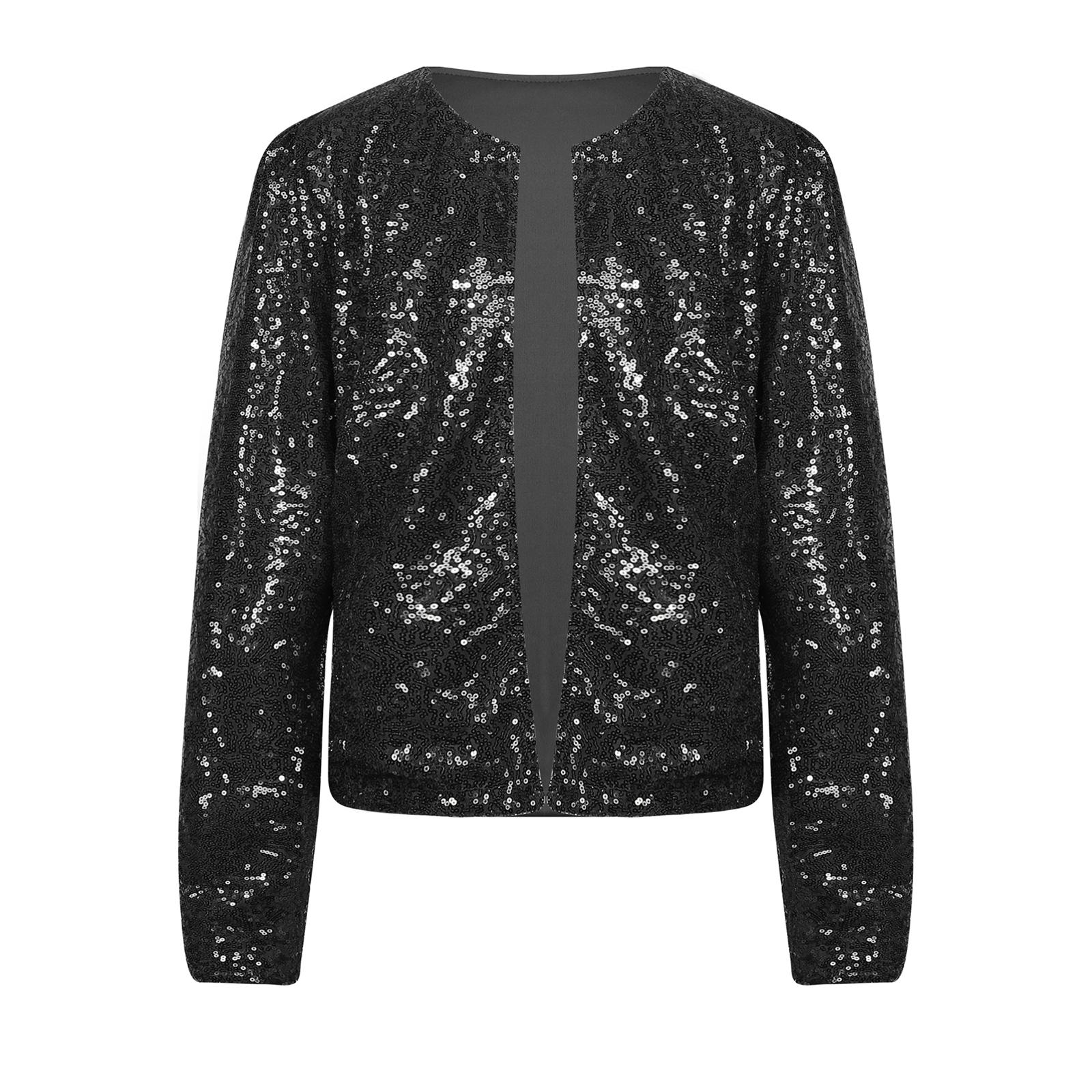 

Жіноче блискуче пальто з довгими рукавами та відкритим фронтом з блискітками для коктейльних вечірок, клубних заходів, вечірніх випадків 3XL