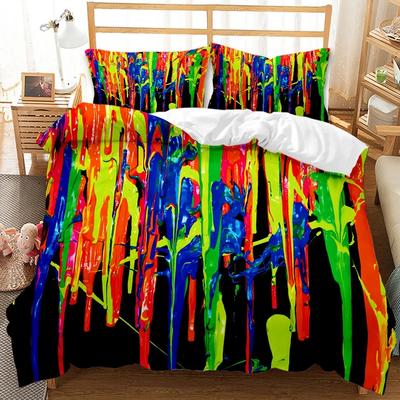 Abstraktes Bettbezug-Set, Grunge-Stil, schmutziger Look mit bunten Aquarellflecken, flüssigen Spritzern, Polyester-Bettwäscheset, quee