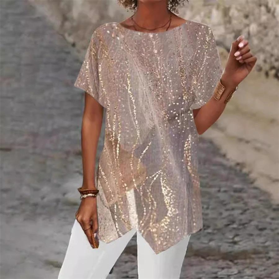 

Women s Geometric Print Round Neck Loose Irregular Hem Short Sleeve T-Shirt Clothes Sale S хаки