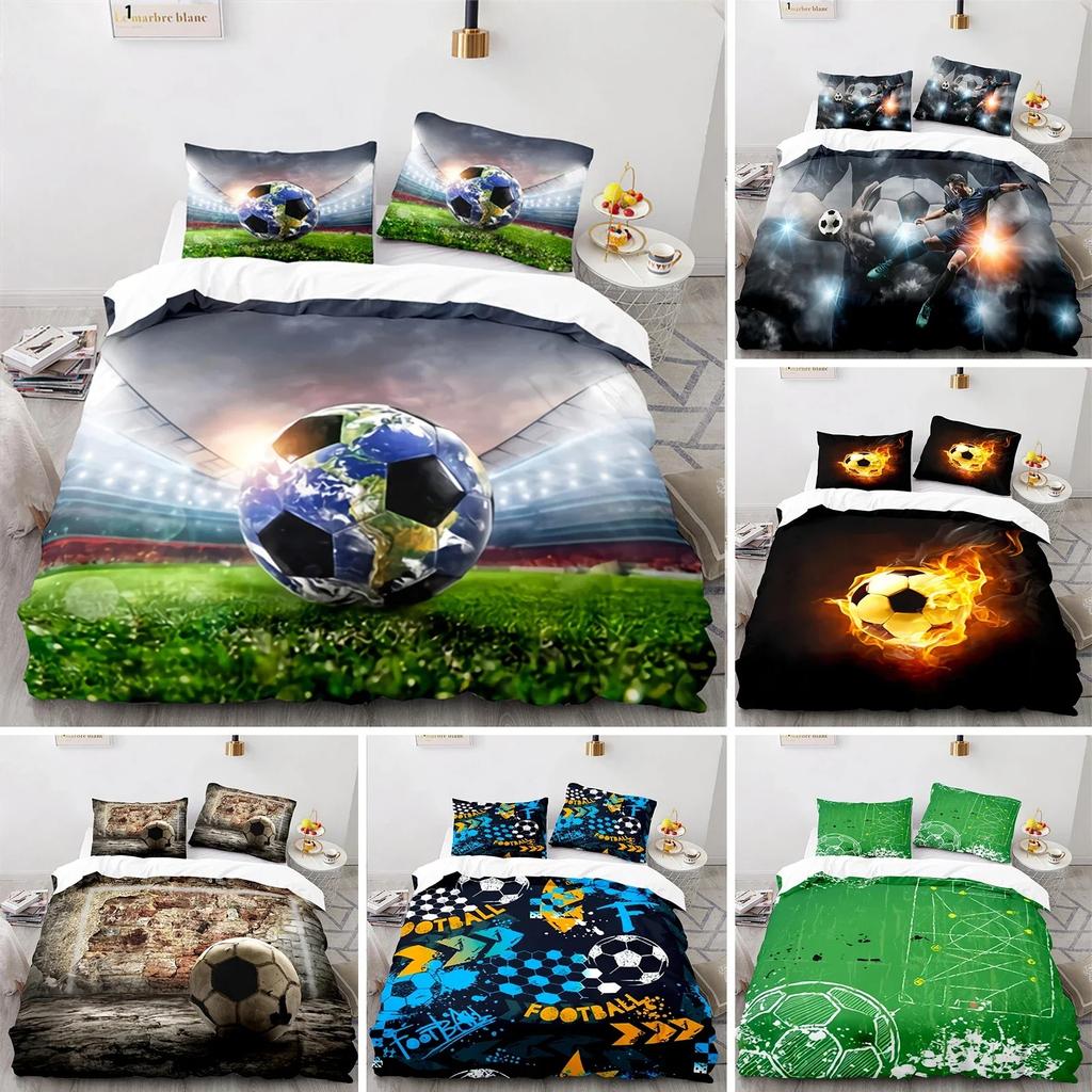 3D Fußball Bettbezug Set King Queen Jungen Aquarell Fußball Bettwäsche Set Jugend Sport Thema Steppdeckenbezug für Kinderwohnheim
