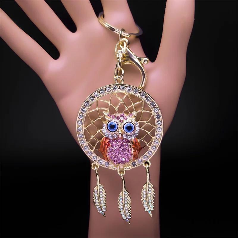 Shinny Crystal Owl Dreamcatcher Feather Keychain for Women Alloy Rhinestone Dream Catcher Animal Key Ring Bag Jewelry K9034S05