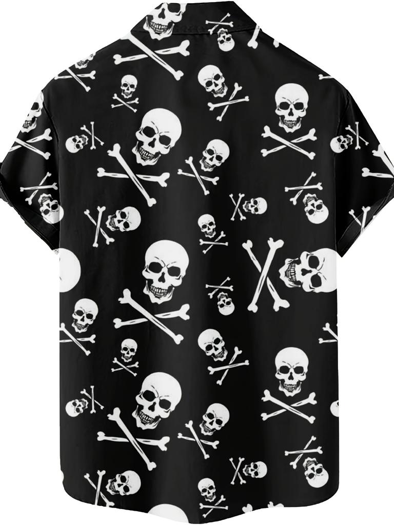 [Print Design – Not Textured] Men'S Print Skull And Bones Hawaiian Shirt - Black And White Retro Pattern Short Sleeve Button-Up Top, Regular Fit