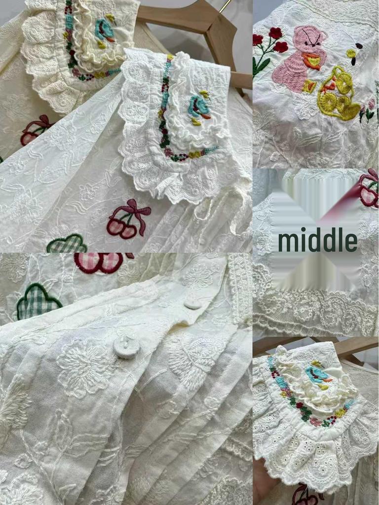 Spring 2026 Women's Sweet Ruffle Lace Shirt with Girly Applique and Tie-Up Retro Design