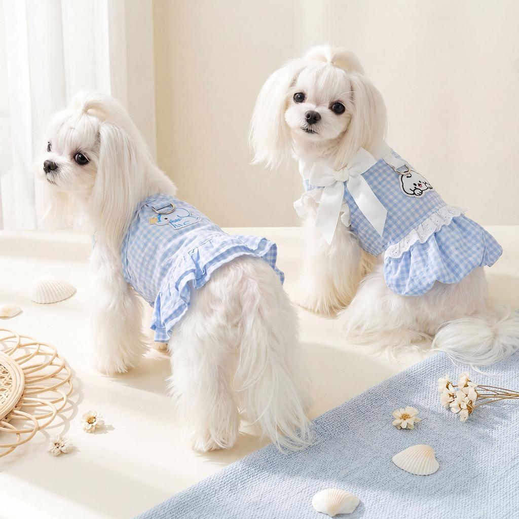 Cute Blue Plaid Dog Dress Breathable Bow Puppy Summer Clothes With Traction Harness For Small Medium Teddy Chihuahua Dog Clothes