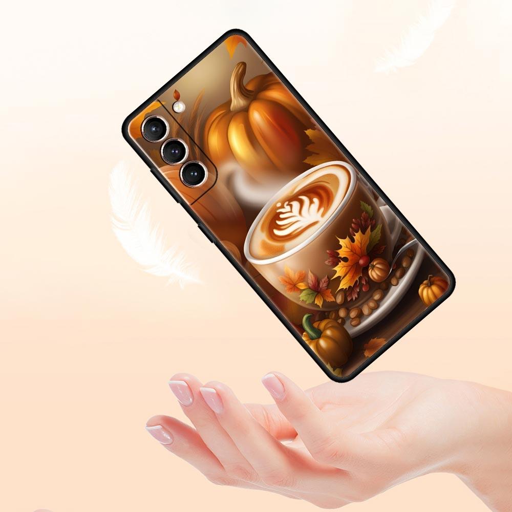 Pumpkin Autumn Leaves Coffee Phone Case for Samsung Galaxy S26 S25 S24 S23 S22 S20 S21 FE Ultra S25 Edge Plus 5G Soft TPU Cover