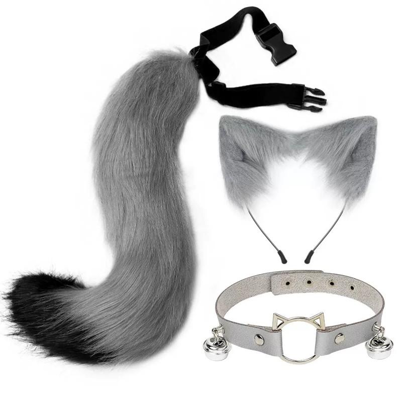 Cosplay Furry Ear Headband Tail Set With Bell Collar Anime Fans Adult Costume Accessories