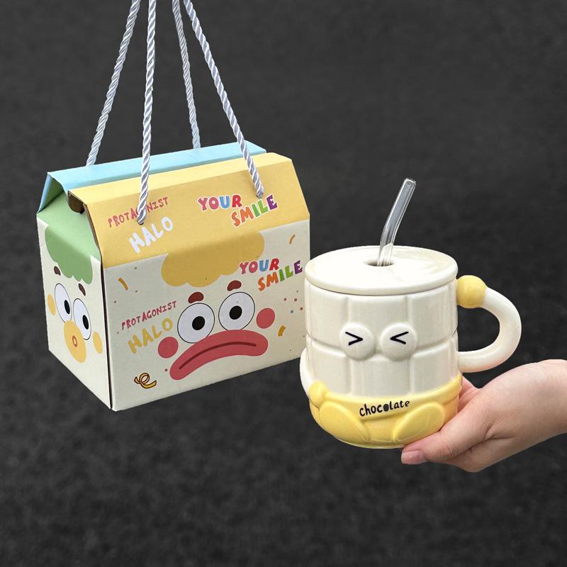 High-value Cartoon Straw Cup Cute Ceramic Mug with Lid for Girls' Girlfriend's Birthday Gift Souvenir