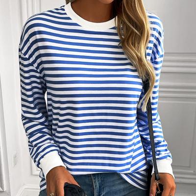 Gestreifte T-Shirts Damen Lockerer Langarmpullover Rundhals T-Shirt Top
