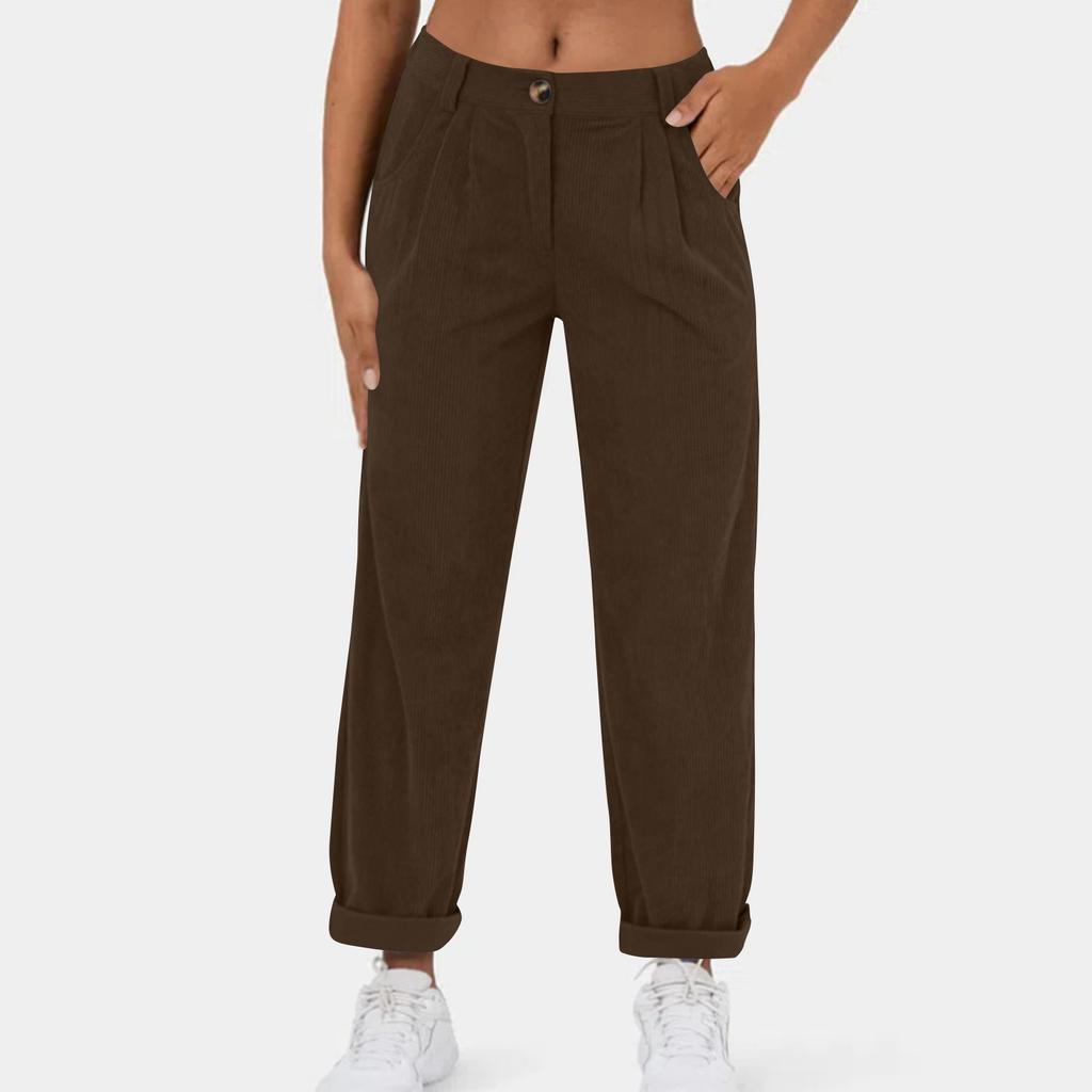 Women's Casual Button Pocket Corduroy Straight-leg Pants