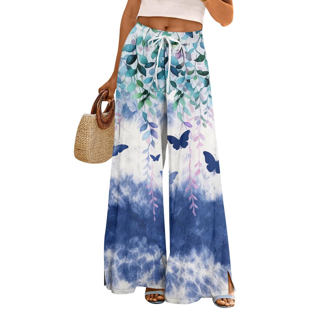 Women Summer Boho Palazzo Pants High Waist Wide Leg Printing Casual Trousers With Pockets