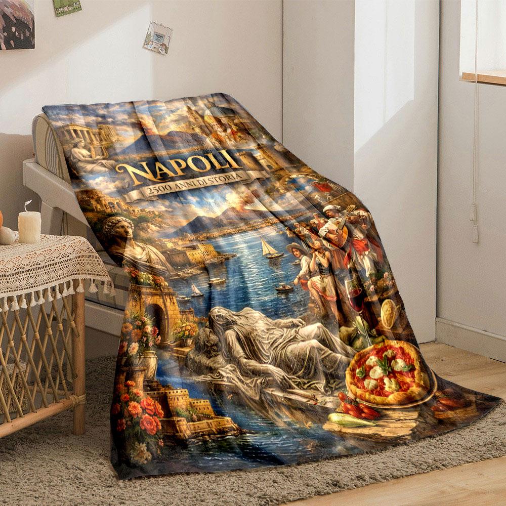 The picture depicts Naples' history with Mt. Vesuvius, art, music, and cuisine. for all seasons blanket lunch break throw gift