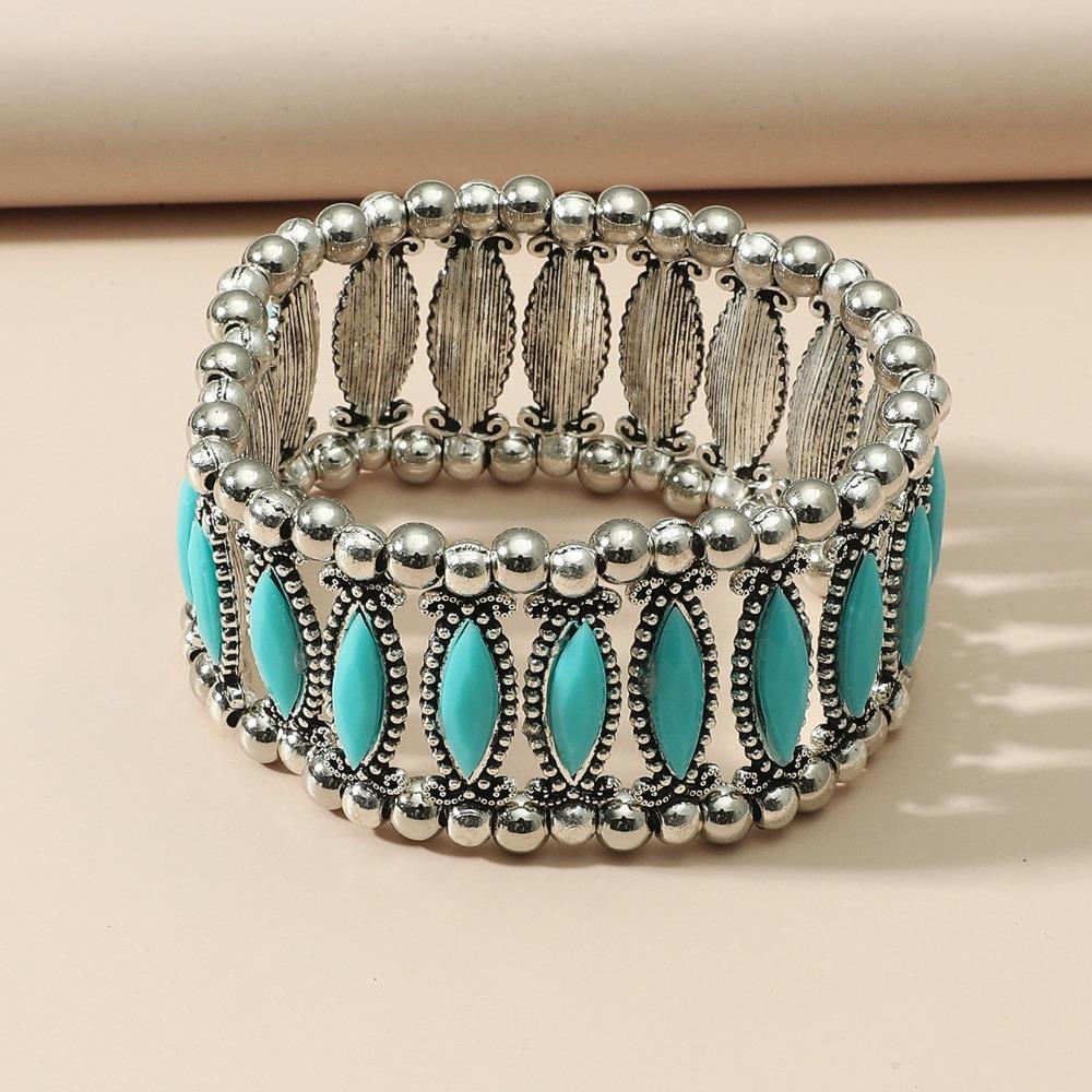 European and American Ethnic Style Personalized Retro Alloy Turquoise Elastic Bracelet Women's Bohemian Bracelet Jewelry