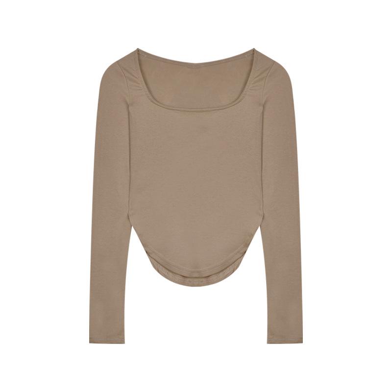 

2024 Осень U-образный вырез однотонный нерегулярный тонкий топ с длинными рукавами для женщин M хаки