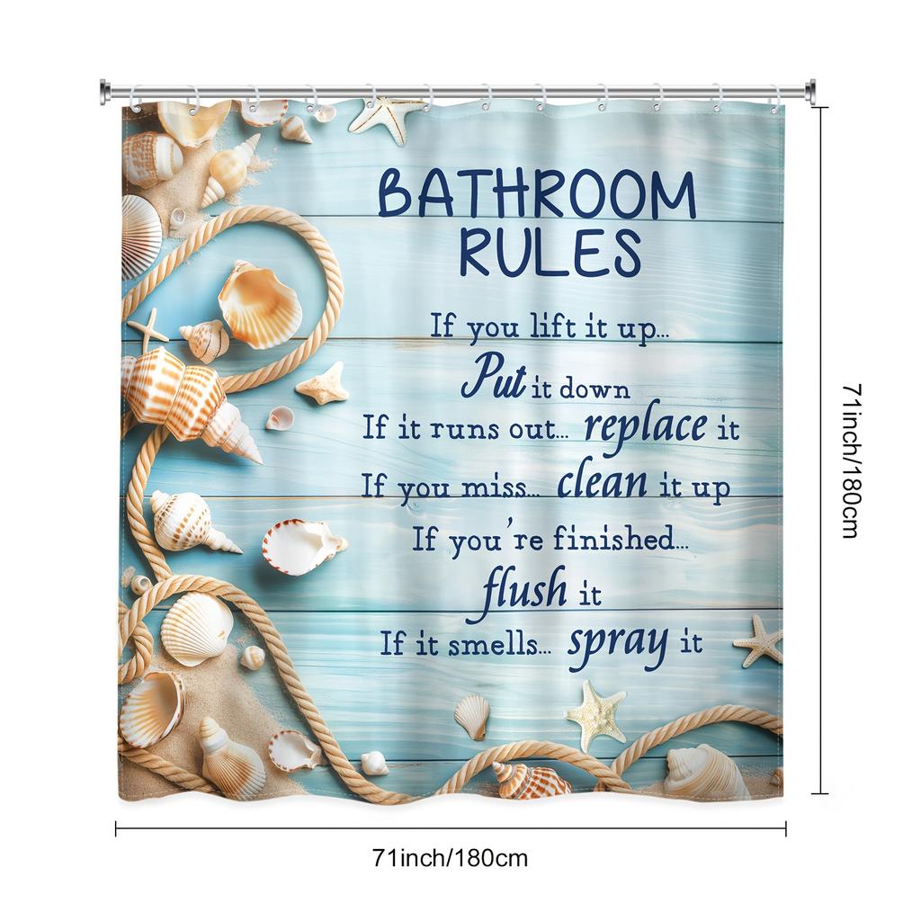 Beach Shower Curtain - Vintage Wood Panel, Starfish Shell, Hemp Rope Quotes, Waterproof, 12 Plastic Hooks