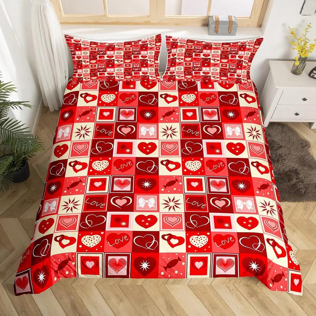 Bettbezug zum Valentinstag, Doppelbettgröße, süßes Katzen-/Hunde-/Tiere-Bettwäscheset, rustikales Rosen-/Blumen-/Liebesherz-/Romantischer Bettbezug