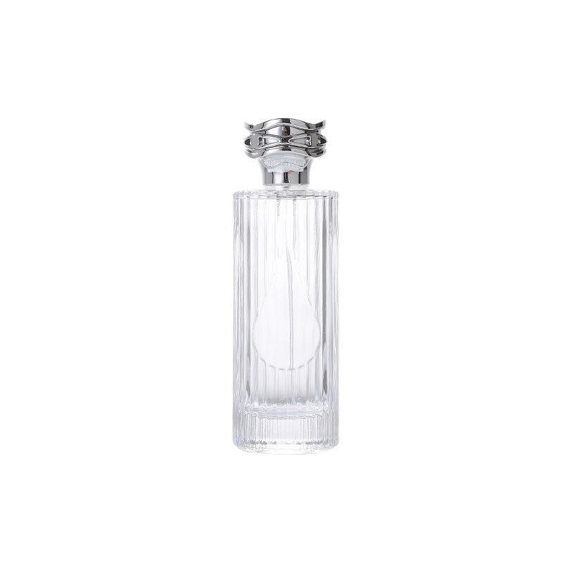 Premium 150ml Transparent Cylindrical Perfume Bottle with Vertical Stripes - Portable Travel Dispenser.