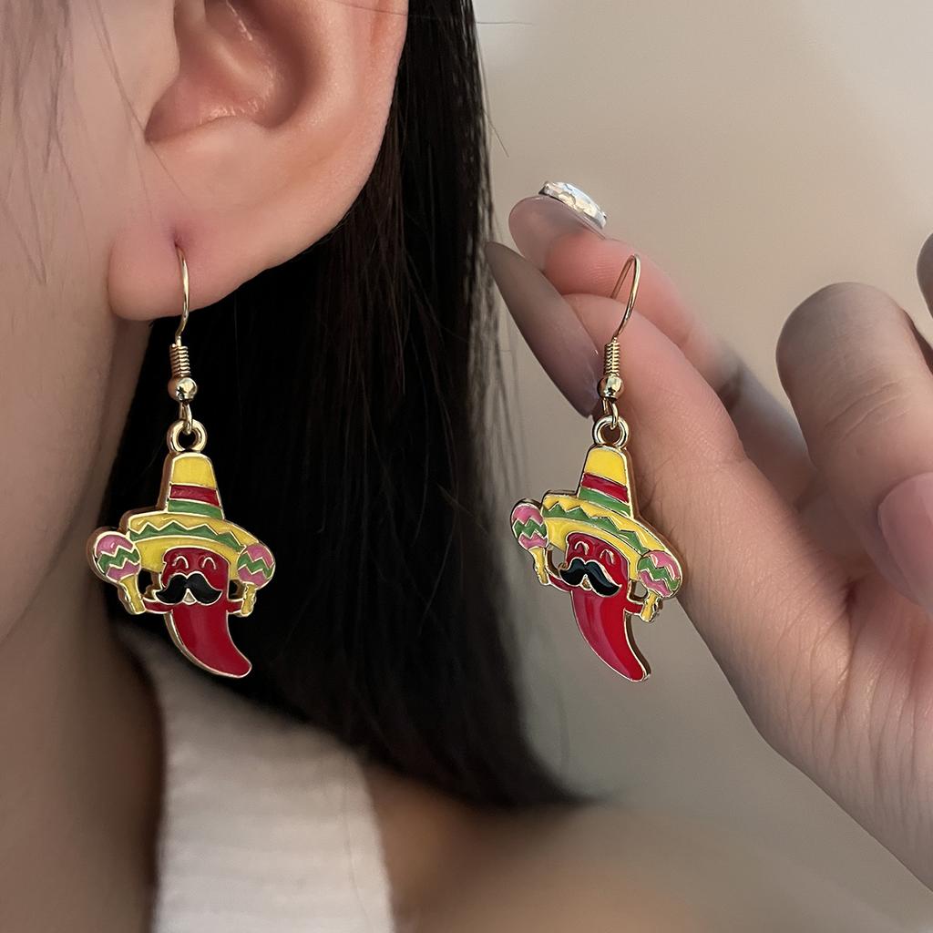 Jalapeño Earrings, Personalized Design Sense, Red Pepper Beard, Cartoon Wide-Brimmed Hat Earrings, Women