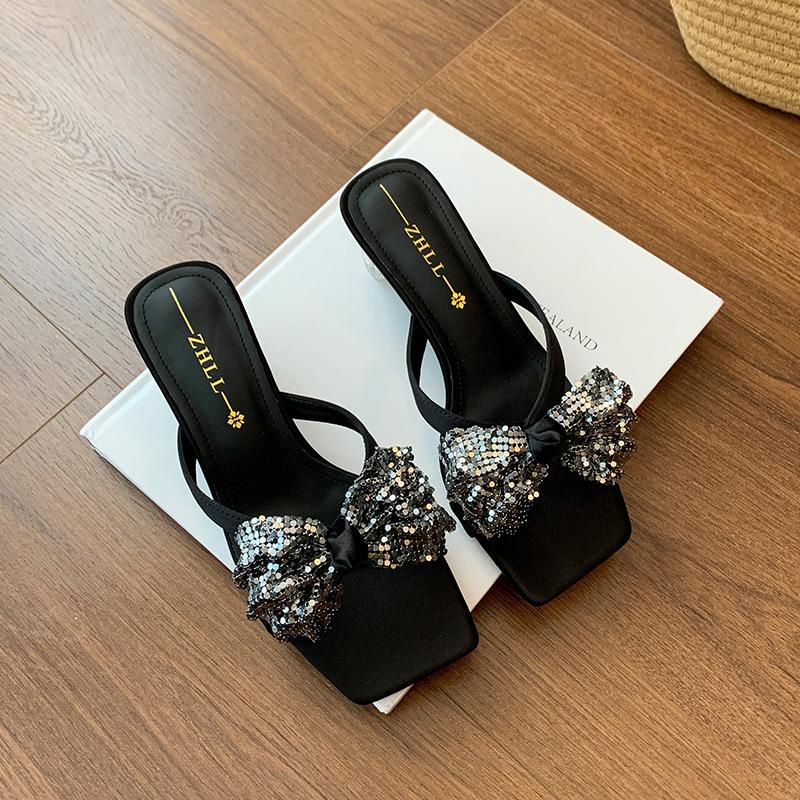 High heels women's cool slippers summer wear crystal sandals thick heel widened large size women's shoes