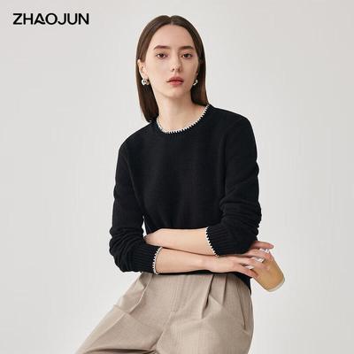 Zhaojun Damen Rundhals Wollpullover mit Spitzenbesatz