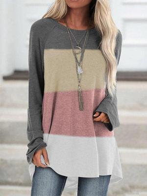 Plus Size Women Spring Stripe Printed Comfy Long Sleeve Round Collar T-shirt Casual Baggy Mid Length Tee Tops