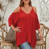 Women Blouse V-Neck 3/4 Sleeves Off Shoulder Straps Pullover Tops Asymmetric Lace Splicing Pure Color Mid-length Summer Tops