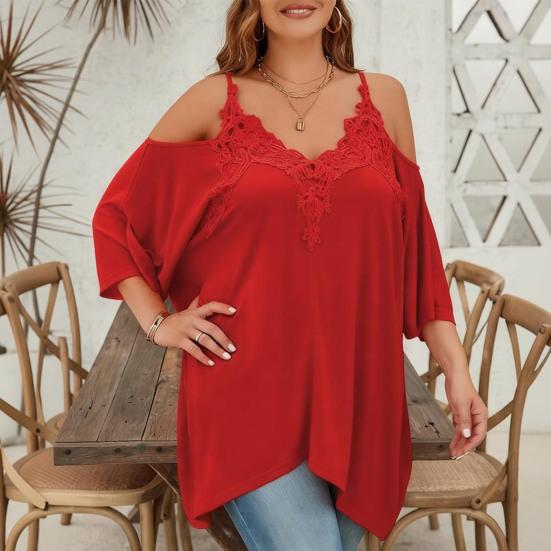 Blusa da Donna Scollo a V Maniche 3/4 Spalline Scoperte Top a Maglia Splicing Asimmetrico in Pizzo Colore Unico Lunghezza Media Top Estivi