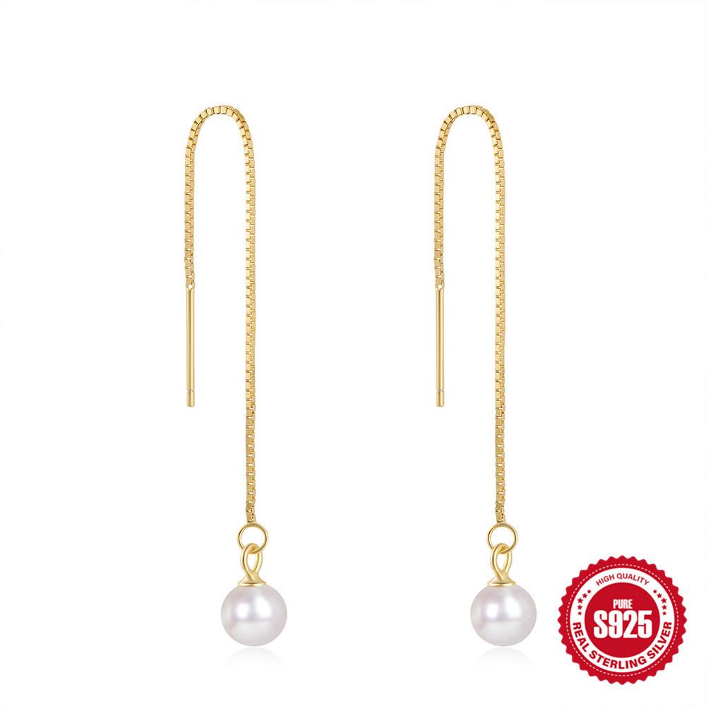 Argent Sterling 925 Tempérament Mode Gland Longue Chaîne Perle Personnalité Boucles d'Oreilles Boucles d'Oreilles Earline Boucles d'Oreilles Boucles d'Oreilles Perles