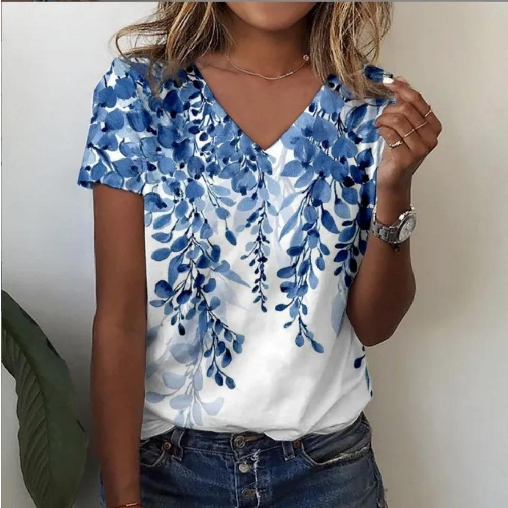 Summer New Style Floral 3D Print Casual V-Neck Women Short Sleeve Comfortable Polyester Fiber Fashion