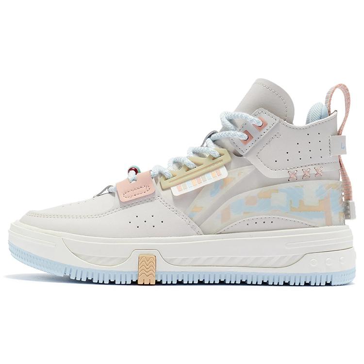New LiNing Anti Slip And Wear Resistant Height Increasing Mid Top Skateboard Shoes Women's White Sand Gray AGCR430-4