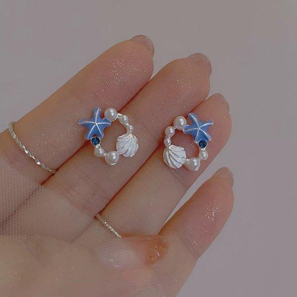 Trendy Ocean Style Zircon Imitation Pearl Blue Shell Starfish Earrings Stud For Women Earring Ear Ring Jewelry Gift