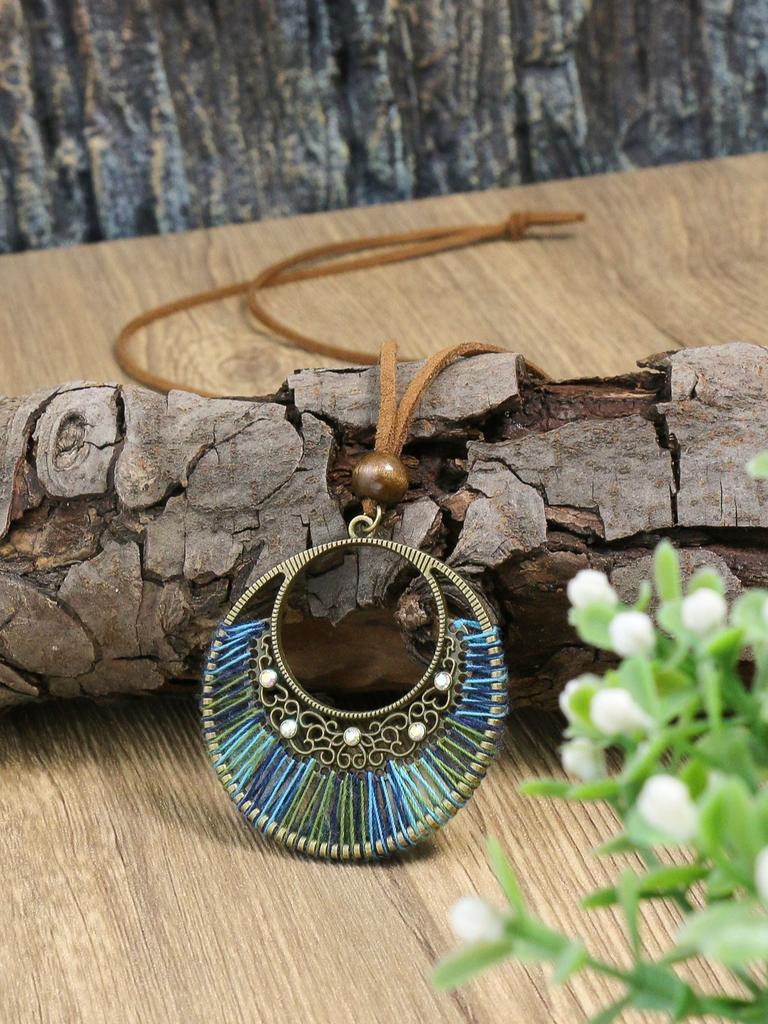 Bague en métal de style ethnique bohème rétro, enroulement de roue à bande, long collier pendentif pour femmes classique et minimaliste