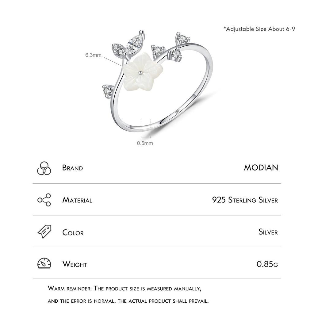 MODIAN Exquisite Shell Pearl Tenký květinový prsten Skutečné stříbro 925 Sterling Silver Velikost otevírání Stohovatelné prsteny na prsty pro ženy Šperky