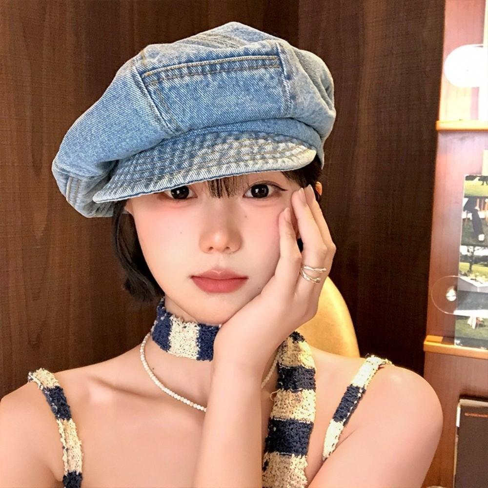 Newsboy Washed Denim Beret Vintage Peaked Hat Korean Octagonal Cap  Streetwear