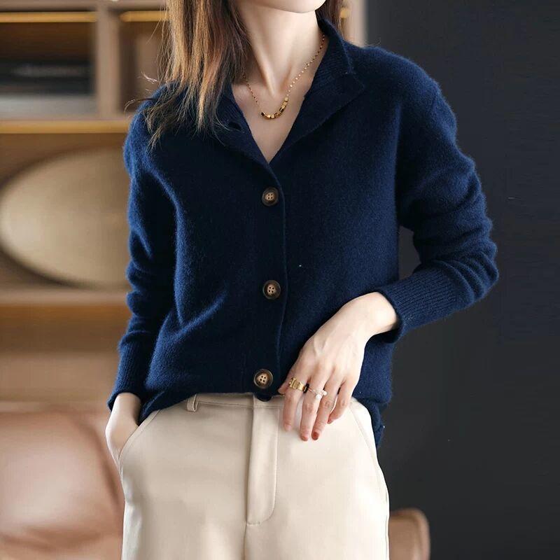 Women's Spring and Autumn Retro Solid Color Knitted Cardigan Stand-up Collar Casual Loose Short Temperament Jacket