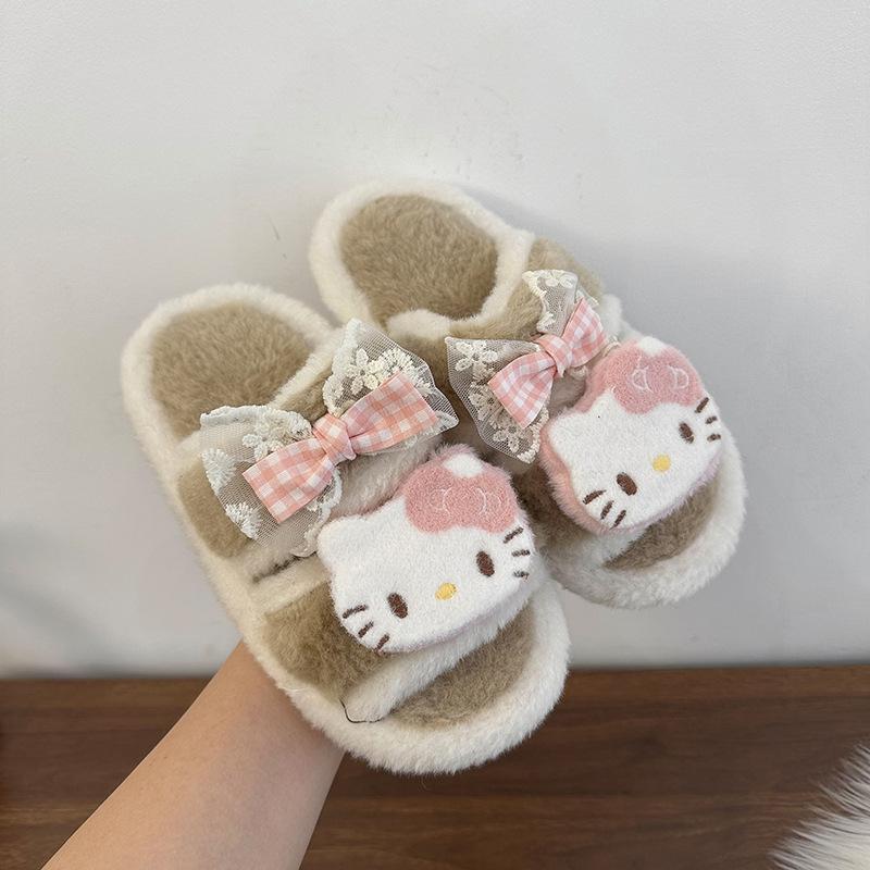 Vitality cute cartoon kitten fluffy slippers female 2025 autumn and winter fashion versatile casual one-word cotton slippers