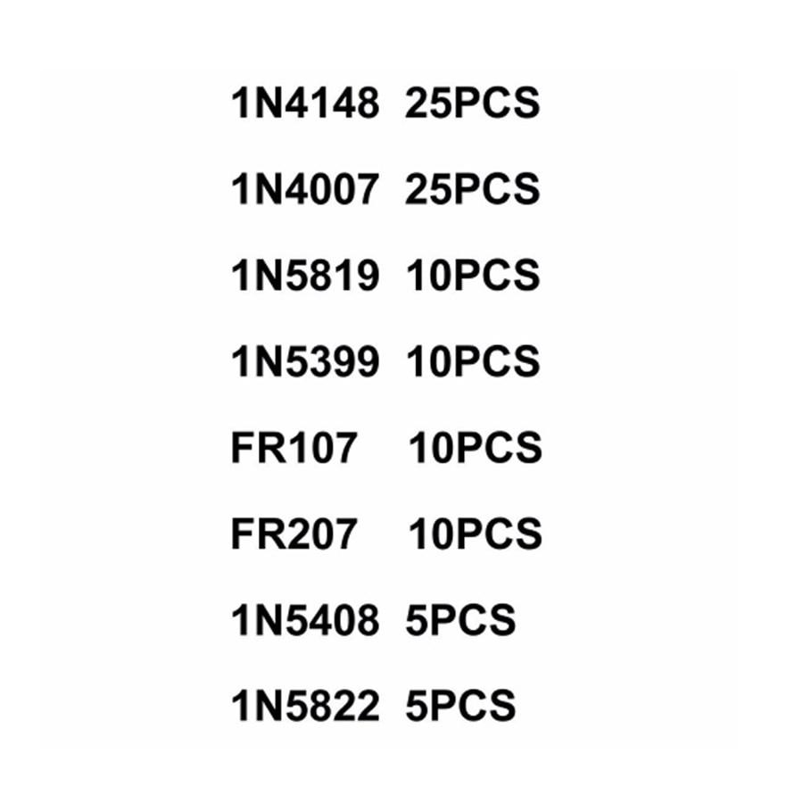 Yongse 100pcs 8 Values Diode Pack Component Pack 1N4148 1N4007 1N5819 1N5399 FR107 FR207 1N5408 1N5822